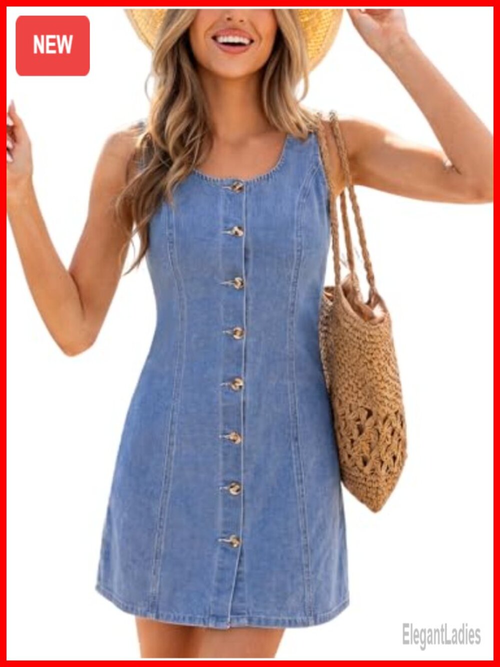Sleeveless A-Line Denim Mini Dress Scoop Neck Front Button Summer Casual